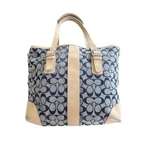 Vintage Coach Signature Denim Tote Bag Navy Blue Tan Leather Trim Y2K 2000s